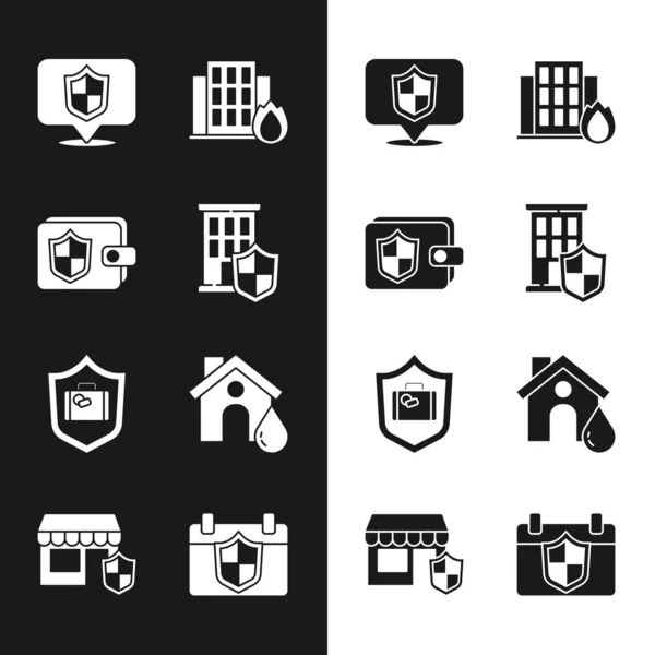Set House with shield, Wallet, Location, Fire in burning house, Travel suitcase, flood, Calendar and Shopping building icon. Vector — Stock Vector