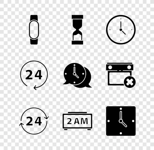 Set Smartwatch, reloj de arena viejo, reloj, 24 horas, despertador digital, y el icono de la burbuja de voz. Vector — Archivo Imágenes Vectoriales