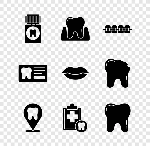 Встановіть планшет, Зуб, Зуби з брекетами, місце розташування стоматологічної клініки, карту та ікону для усмішок. Вектор — стоковий вектор