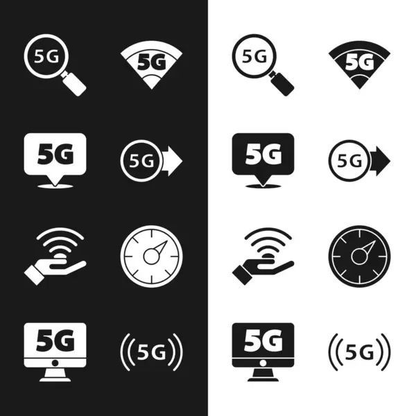 Atur jaringan 5G, Lokasi, Pencarian, meter kecepatan digital, dan Monitor dengan ikon. Vektor - Stok Vektor