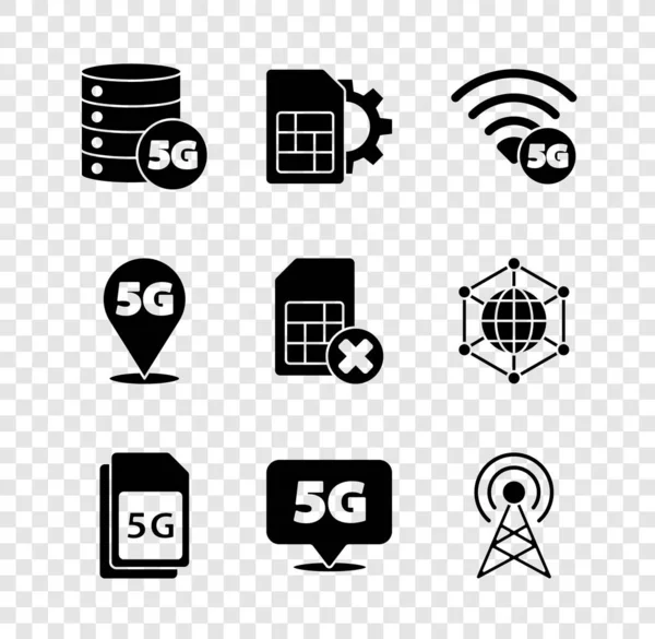 Set jaringan Server 5G, pengaturan kartu Sim, Kartu, Lokasi, Antena, dan ikon yang ditolak. Vektor - Stok Vektor