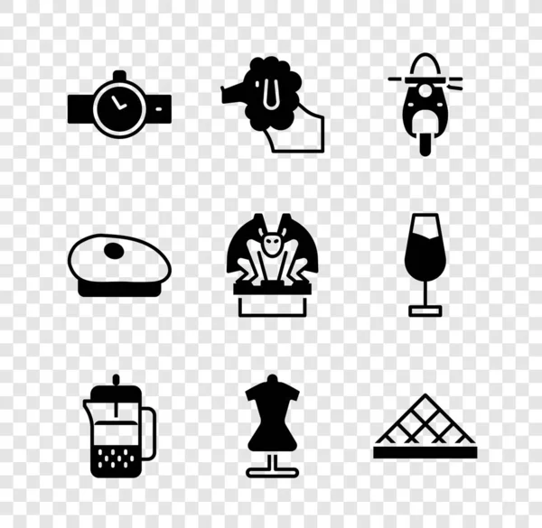 Set Wrist watch, Poodle dog, Scooter, French press, Mannequin, Louvre museum, beret and Gargoyle on pedestal icon. Vector — Stock Vector
