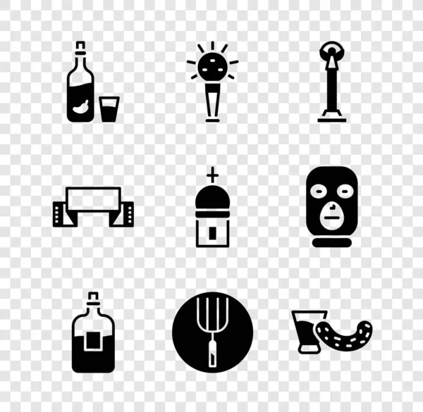 Biber ve camlı votka, Mace, Bağımsızlık Anıtı, şişe votka, bahçe yabası, cam işlemeli havlu ve kilise kulesi ikonu. Vektör — Stok Vektör
