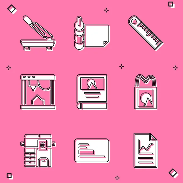 Set Paper cutter, Roll of paper, Ruler, 3D printer, Photo album gallery, shopping bag, Copy machine and Business card icon. Vector — Stock Vector