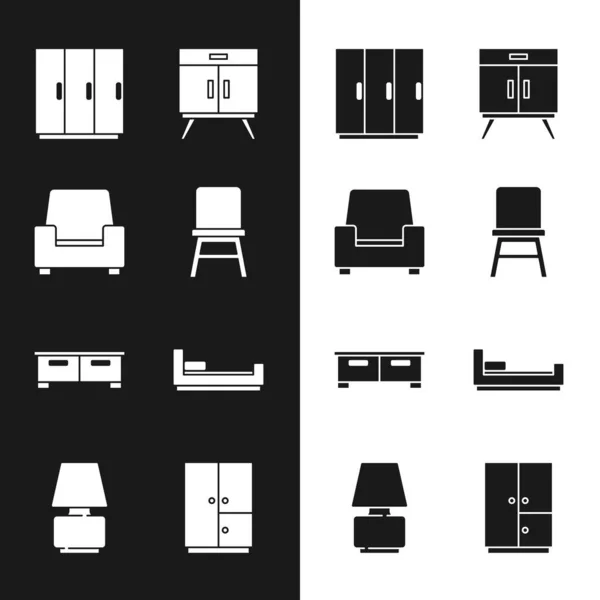 Set Stuhl, Sessel, Kleiderschrank, Kommode, Bett und Tischlampe Symbol. Vektor — Stockvektor