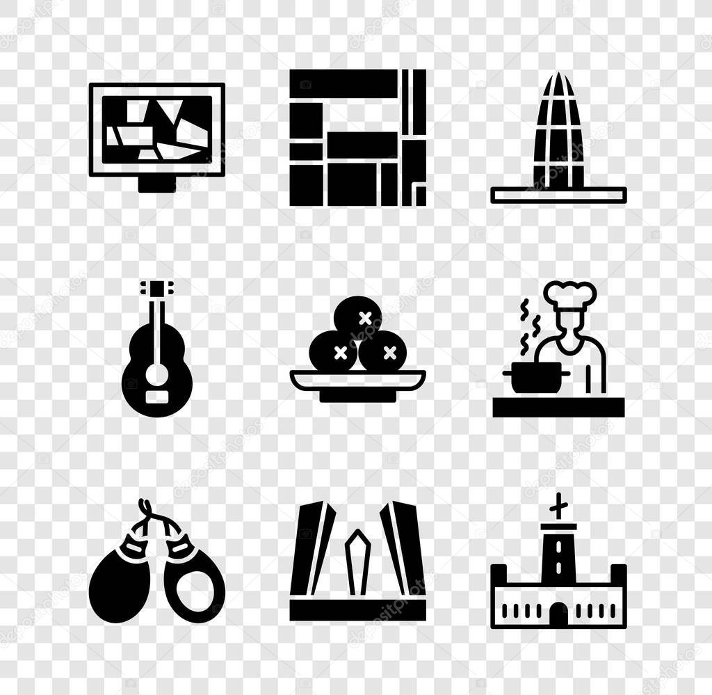 Set Picture art, House Edificio Mirador, Agbar tower, Castanets, Gate of Europe, Montjuic castle, Spanish guitar and Olives plate icon. Vector
