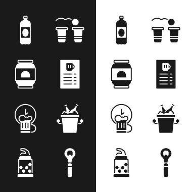 Bira menüsü, kutu, plastik bira şişesi, pong oyunu, ucuz içki saati, buz kovası şişeleri, şişe açacağı ve ikon. Vektör