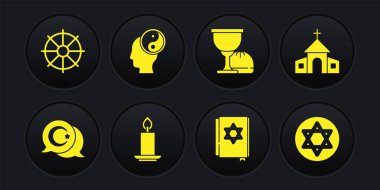 Set Star ve Hilal, Kilise binası, yanan mum, Yahudi torah kitabı, Kutsal Kase Kadehi, Davut ve Dharma tekerleği ikonu Yin Yang. Vektör