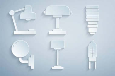 Yer lambasını, LED ampulü, duvar lambasını, ışık yayan diyotu, masa ve simgeyi ayarla. Vektör