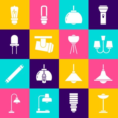 Döşeme lambası, avize, öncü lambalar, ışık yayan diyot, ampul ve ikon. Vektör