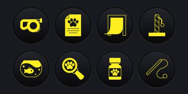 Akvaryumu balık, kedi tırmalama yeri, veteriner kliniği, ilaç şişesi ve haplar, evcil hayvan için kapı, klinik kayıt, kedi oyuncağı ve geri çekilebilir tasma ikonu ile ayarla. Vektör