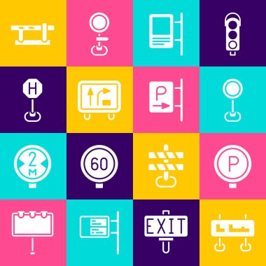 Trafik levhası, park yeri, hastane yolu, araba bariyeri ve simge koyun. Vektör