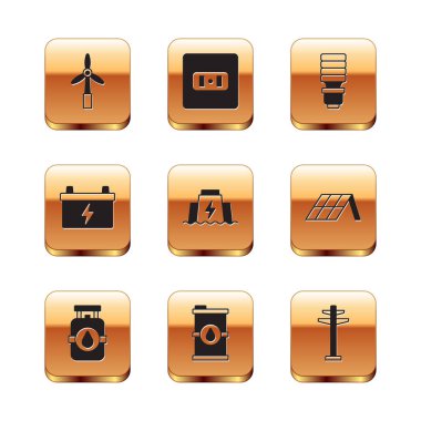 Rüzgar türbini, propan benzin deposu, biyo yakıt varili, hidroelektrik barajı, araba aküsü, LED ampul, elektrik kulesi ve elektrik çıkış ikonu. Vektör