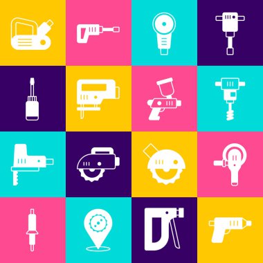 Elektrik kablosuz tornavida, açılı öğütücü, elektrikli el beton karıştırıcı, yapboz, tornavida, planer aleti ve boya sprey tabancası ikonu. Vektör