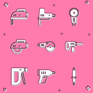 Elektrikli yap-boz, açılı öğütücü, dairesel, matkap, inşaat zımbası ve kablosuz tornavida ikonu. Vektör