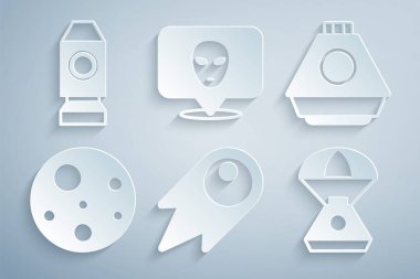 Kuyruklu yıldız hızla düşüyor, uzay kapsülü, Mars Gezegeni, Uzaylı ve Roket gemi simgesi. Vektör