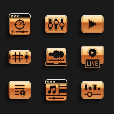 Ses veya ses kaydedici, müzik çalar, eşitleyici, canlı yayın, çalma listesine ekle, cep telefonunda selfie, oynat düğmesi ve çevrimiçi video simgesi. Vektör