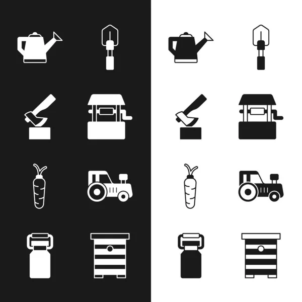 음 , Wooden axt, Watering can, Shovel, Carrot, Tractor, Hive for bee and container milk icon. Vector — 스톡 벡터