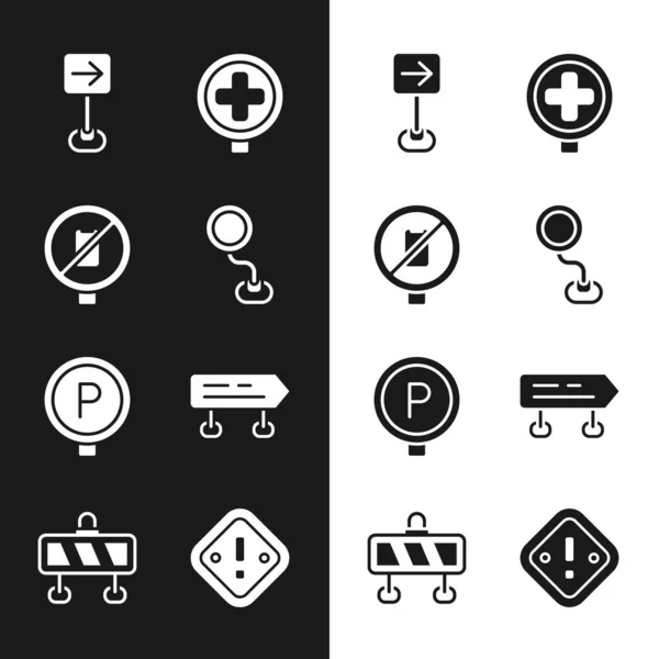 Verkeersbord instellen, Geen mobiele telefoon, Verkeer rechtsaf, Ziekenhuisweg, Parkeren, Uitroepteken driehoek en slagboom pictogram. Vector — Stockvector