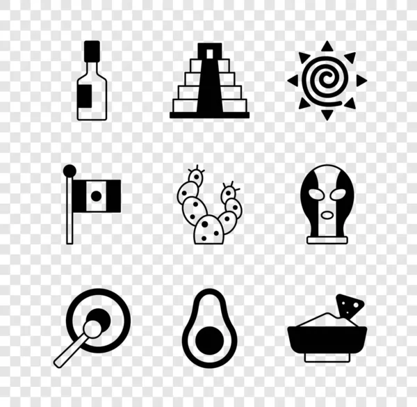 Set Tabasco-Sauce, Chichen Itza in Maya, Sonne, Gong, Avocadofrucht, Nachos-Schale, Mexiko-Flagge und Kaktus-Symbol. Vektor — Stockvektor