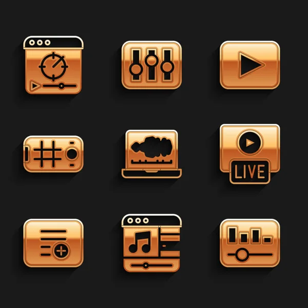 Geluids- of audiorecorder instellen, Muziekspeler, equalizer, Live stream, Toevoegen aan afspeellijst, Selfie op mobiel, Afspeelknop en Online videopictogram. Vector — Stockvector