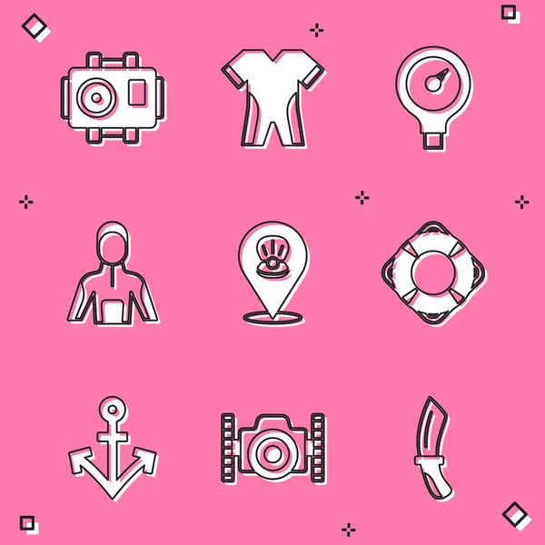 Set Photo camera for diver, Wetsuit scuba diving, Gauge scale, Scallop sea shell, Lifebuoy, Anchor and icon. Vector — Stock Vector