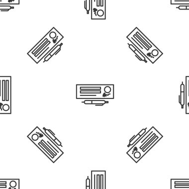 Banka kontrolünün gri çizgi şablonu ve kalem simgesi beyaz arka planda izole edilmiş. Doldurulacak boş alanlarla birlikte kontrol defteri çek sayfası. Vektör İllüstrasyonu