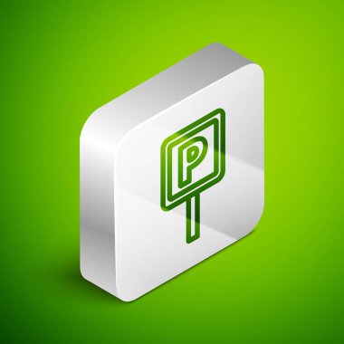 Isometric çizgi park simgesi yeşil arkaplanda izole edildi. Sokak tabelası. Gümüş kare düğme. Vektör