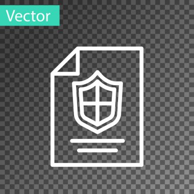 Şeffaf arkaplanda kalkan simgesi olan beyaz çizgi sözleşmesi. Sigorta konsepti. Güvenlik, güvenlik, koruma, konsept koruma. Vektör.