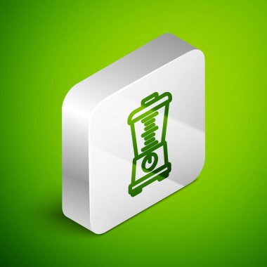 Isometric satır karıştırıcı simgesi yeşil arkaplanda izole edildi. Mutfak elektrikli kırıcı ve kase. Meyve suyu, kokteyl ya da meyve suyu. Gümüş kare düğme. Vektör