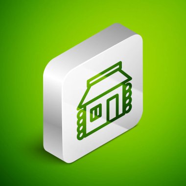 Eski Ukrayna ev kulübesi simgesi yeşil arka planda izole edilmiş. Geleneksel köy evi. Gümüş kare düğme. Vektör