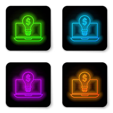 Parlayan neon hattı iş ampulü, dizüstü bilgisayar ekranında dolar olan beyaz arka planda izole edilmiş bir simge. Kullanıcı dokunmatik ekranı. Siyah kare düğme. Vektör