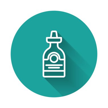 Beyaz çizgi tekila şişesi ikonu uzun gölge arkaplanı ile izole edilmiş. Meksika alkolü. Yeşil daire düğmesi. Vektör