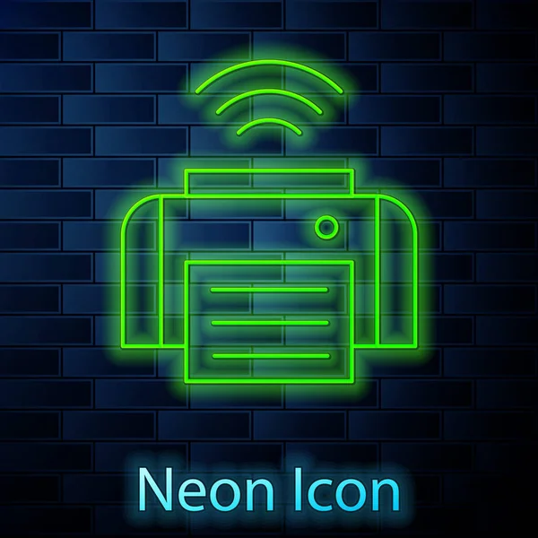 Glowing neon line Smart printer system icon isolated on brick wall background. Internet of things concept with wireless connection. Vector — Stock Vector