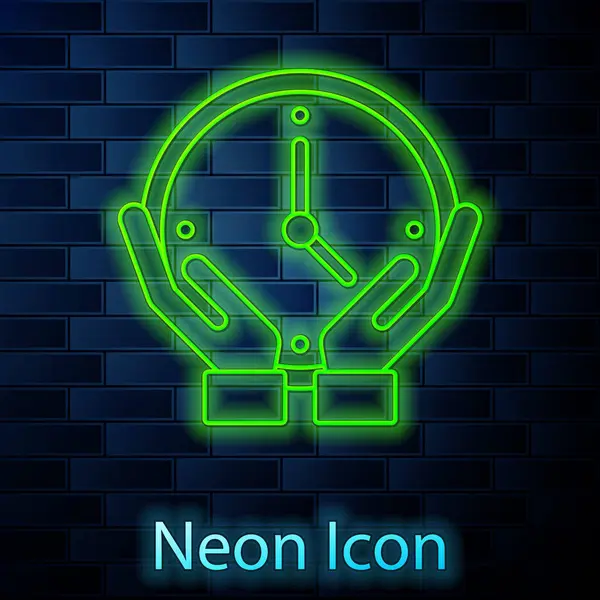 Zářící neonová čára Ikona hodin izolovaných na pozadí cihlové stěny. Časový symbol. Vektor — Stockový vektor