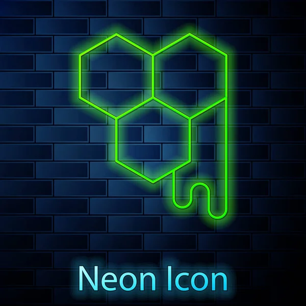 Leuchtende Neon-Linie Honeycomb Symbol isoliert auf Backsteinwand Hintergrund. Das Symbol der Honigzellen. Süße natürliche Nahrung. Vektor — Stockvektor