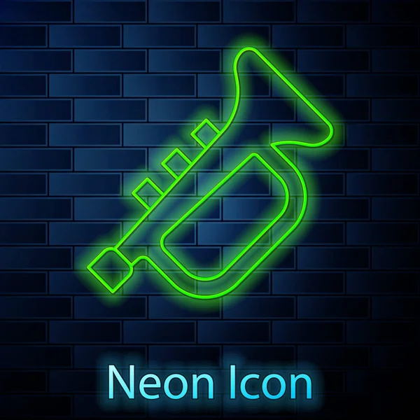 Leuchtende Neon-Linie Musikinstrument Trompetensymbol isoliert auf Backsteinwand Hintergrund. Vektor — Stockvektor