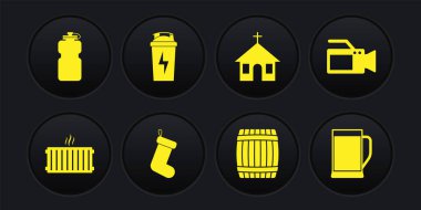 Isıtma radyatörü, sinema kamerası, Noel çorabı, tahta fıçı, kilise binası ve fitness karıştırıcı ikonu. Vektör