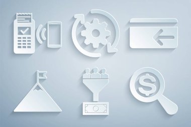 Lider yönetimi ayarla, Cash back, dağlar ve bayrak, büyüteç cam dolar, dişli okları iş akışı ve POS terminal simgesi. Vektör