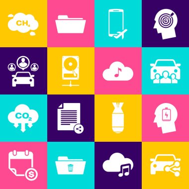 Araç paylaşımını ayarla, bataryalı kafa, mobil uçuş modu, ağdaki sabit disk sürücüsü ve simge. Vektör