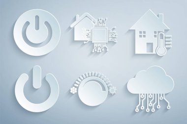 Termostat, ev sıcaklığı, güç düğmesi, internet, akıllı ev ve simge ayarlayın. Vektör