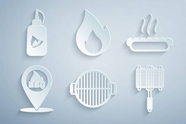 Barbekü ızgarası, Hotdog sandviçi, barbekü yeri, çelik ızgara, alev ve ketçap şişesi ikonu. Vektör