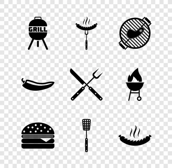 将烤肉、香肠放在叉子上，配以牛排、汉堡、意粉、辣椒粉、十字和刀形图标。B.病媒 — 图库矢量图片