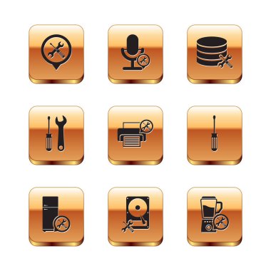 Konum hizmetini ayarla, Buzdolabı, Sabit disk sürücüsü, Yazıcı, tornavida ve anahtar, Veritabanı sunucusu, Blender ve Mikrofon simgesi. Vektör