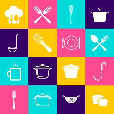 Yemek tenceresi, mutfak kepçesi çapraz çatal ve kaşık, çırpma, aşçı şapkası ve tabak, bıçak ikonu. Vektör