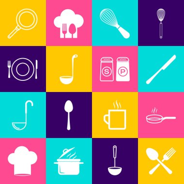 Çapraz çatal ve kaşık, kızartma tavası, bıçak, mutfak çırpısı, kepçe, tabak, bıçak ve tuz biberi ikonu. Vektör