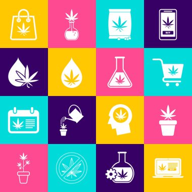 Set Online esrar, marihuana, esrar arabası, esrar tohumu, yaprak yağı, bir torba dolusu ve test tüpü ikonu satın alıyor. Vektör