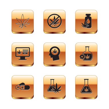 Marihuana ya da kenevir yaprağı, marihuana ile tıbbi haplar, test tüpü, profil başı, online satın alma, yağ ve dur ikonu. Vektör