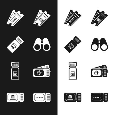 Dürbün, otobüs bileti, bilet, müze, tren, havayolu ve ikon ayarlayın. Vektör