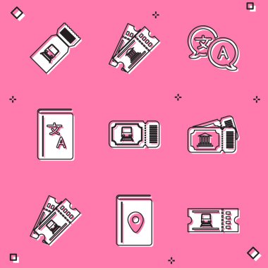 Tren bileti, müze, çevirmen, kitap ve seyahat rehberi simgesi ayarla. Vektör